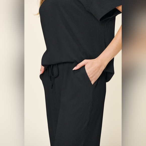 Double Take Full Size Texture Round Neck Short Sleeve T-Shirt and Wide Leg Pants - Picture 5 of 6